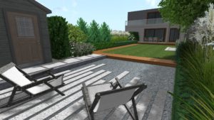 Ogród przy szeregowcu z drewnianym tarasem rockandflower studio