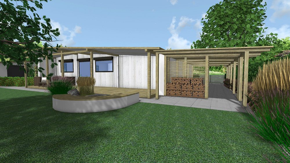 ogród skandynawski, drewno w ogrodzie, projekt ogrodu