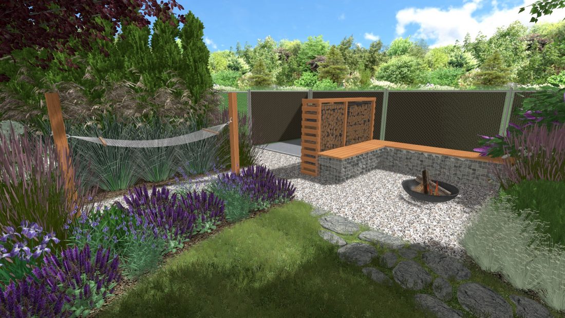 miejsce na ognisko w ogrodzie, projekt ogrodu przy szeregowcu, projekt niewielkiego ogrodu, projektowanie ogrodów Poznań