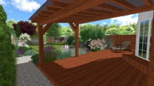 drewniany taras, projekt ogrodu przy szeregowcu, projekt niewielkiego ogrodu, projektowanie ogrodów Poznań