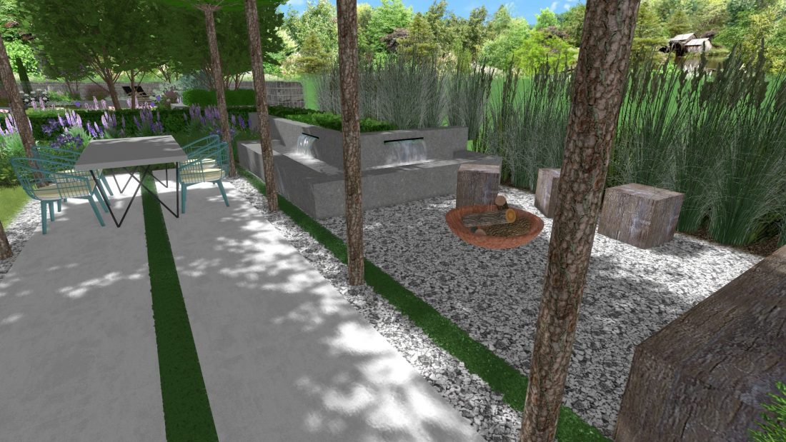 miejsce wypoczynkowe w ogrodzie, ogród nowowczesny, projekt ogrodu