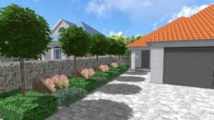 projekt ogrodu, zagospodarowanie wejścia do domu, geometryczna zieleń