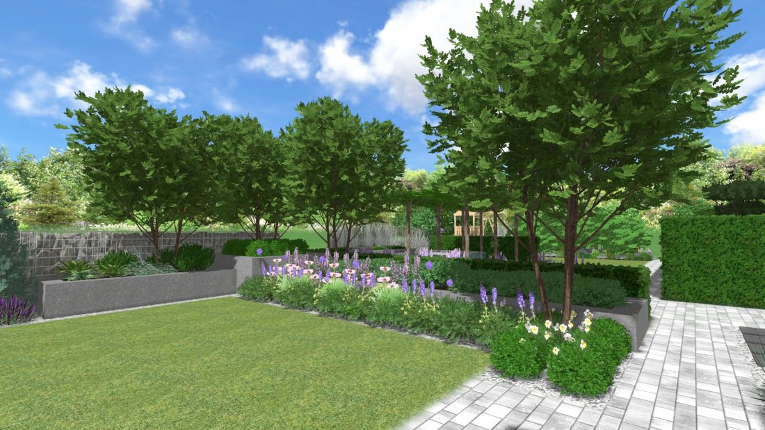 romantyczny ogród, nowowczesny ogród z kwiatami, projekt ogrodu