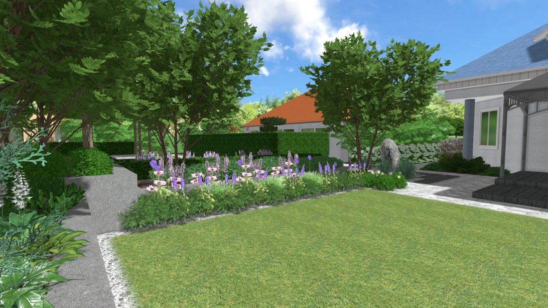 romantyczny ogród, nowowczesny ogród z kwiatami, projekt ogrodu