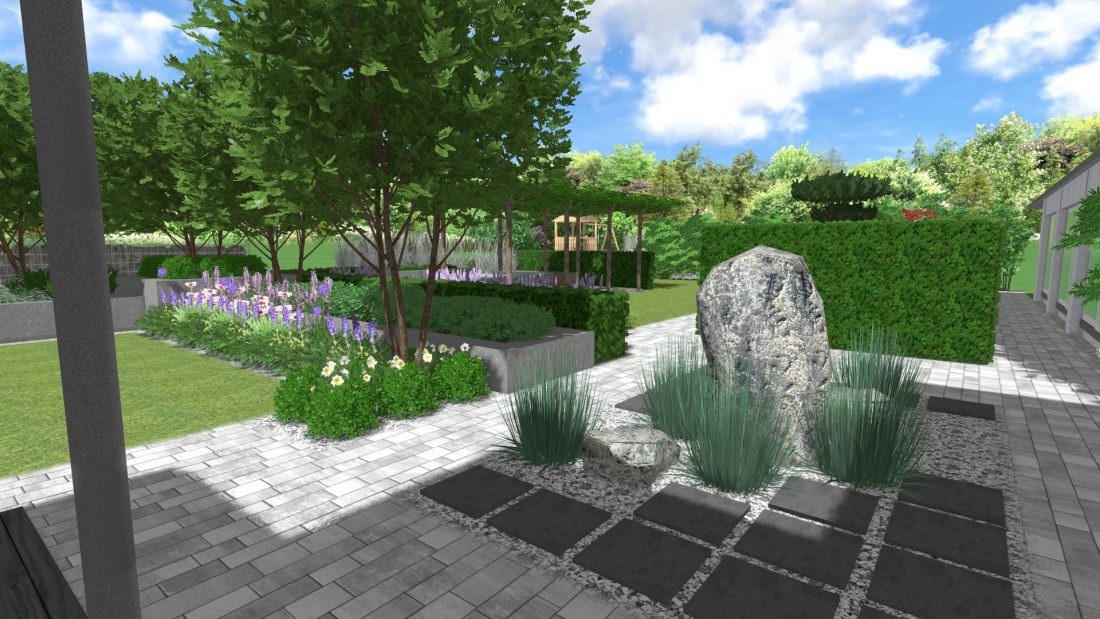 romantyczny ogród, nowowczesny ogród z kwiatami, projekt ogrodu