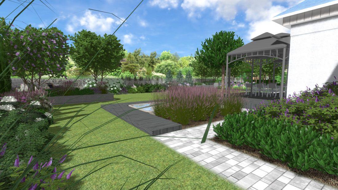 romantyczny ogród, nowowczesny ogród z kwiatami, projekt ogrodu