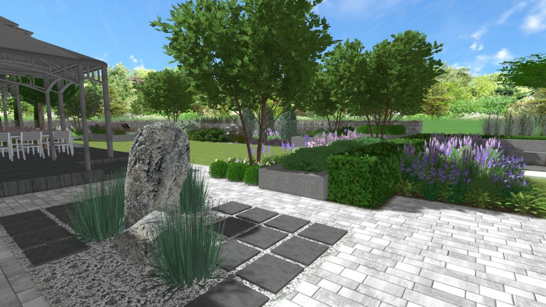 projekt ogrodu w Łęknicy Poznań Zielona Góra Rockandflower Studio Rfstudio projektowanie ogrodów kamień ogrodowy element wodny formowane drzewa architekt krajobrazu