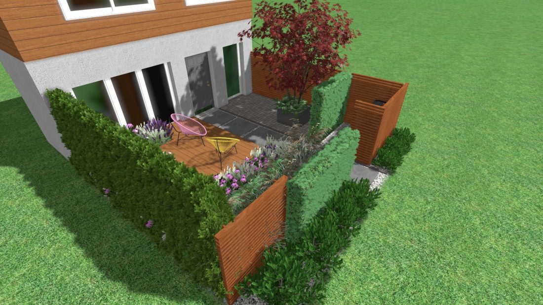 projekt frontu ogrodu, kwiaty w ogrodzie, niewielki taras w ogrodzie