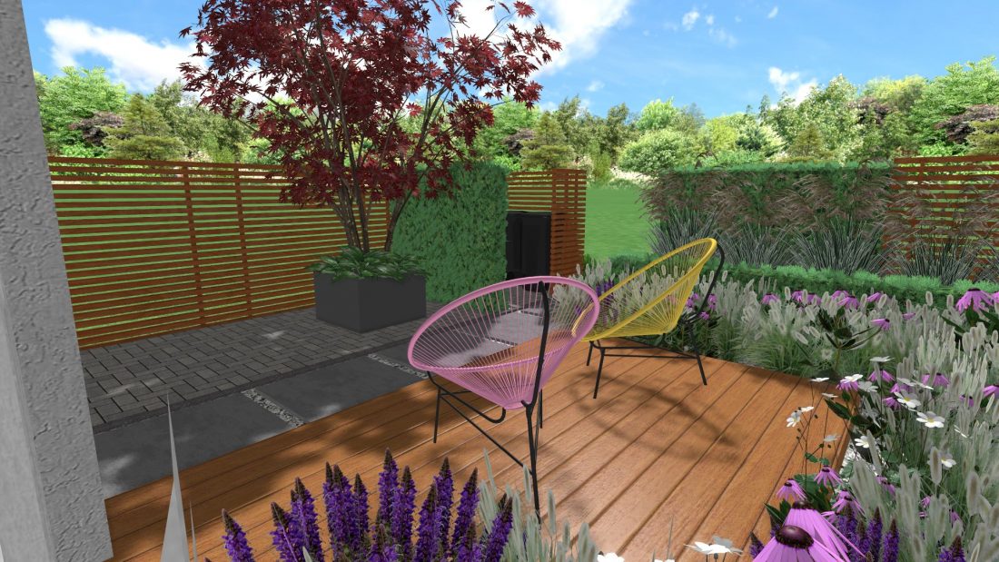 projekt frontu ogrodu, kwiaty w ogrodzie, niewielki taras w ogrodzie