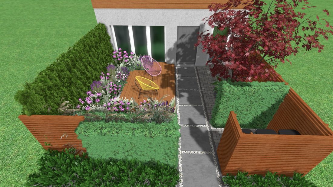 projekt frontu ogrodu, kwiaty w ogrodzie, niewielki taras w ogrodzie