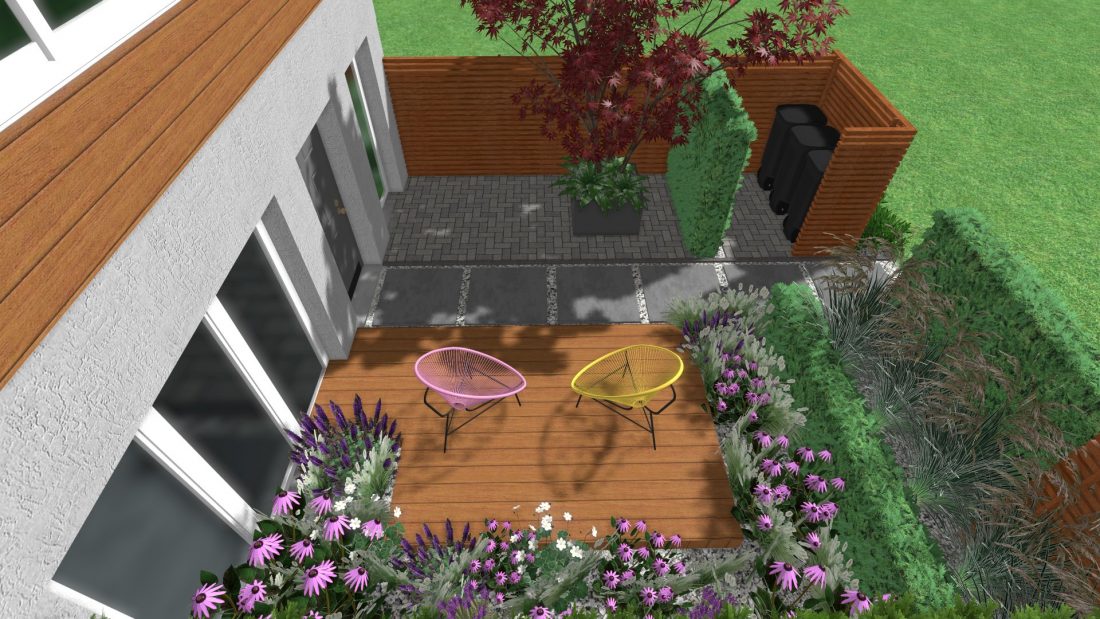 projekt frontu ogrodu, kwiaty w ogrodzie, niewielki taras w ogrodzie