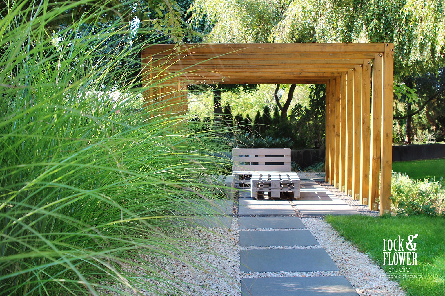 projekt ogrodu z Pergola, nowoczesna pergola, architekt krajobrazu poznań, projektowanie ogrodów