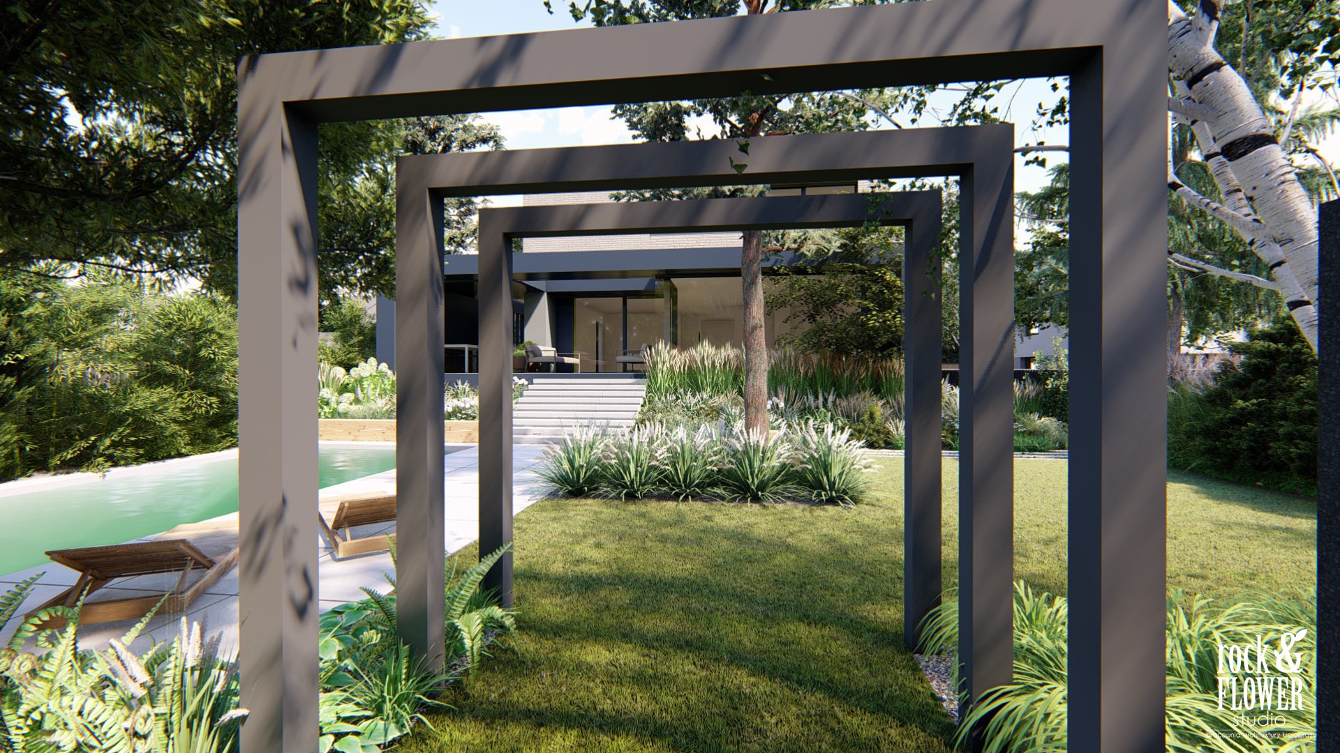 skandynawski ogród z basenem