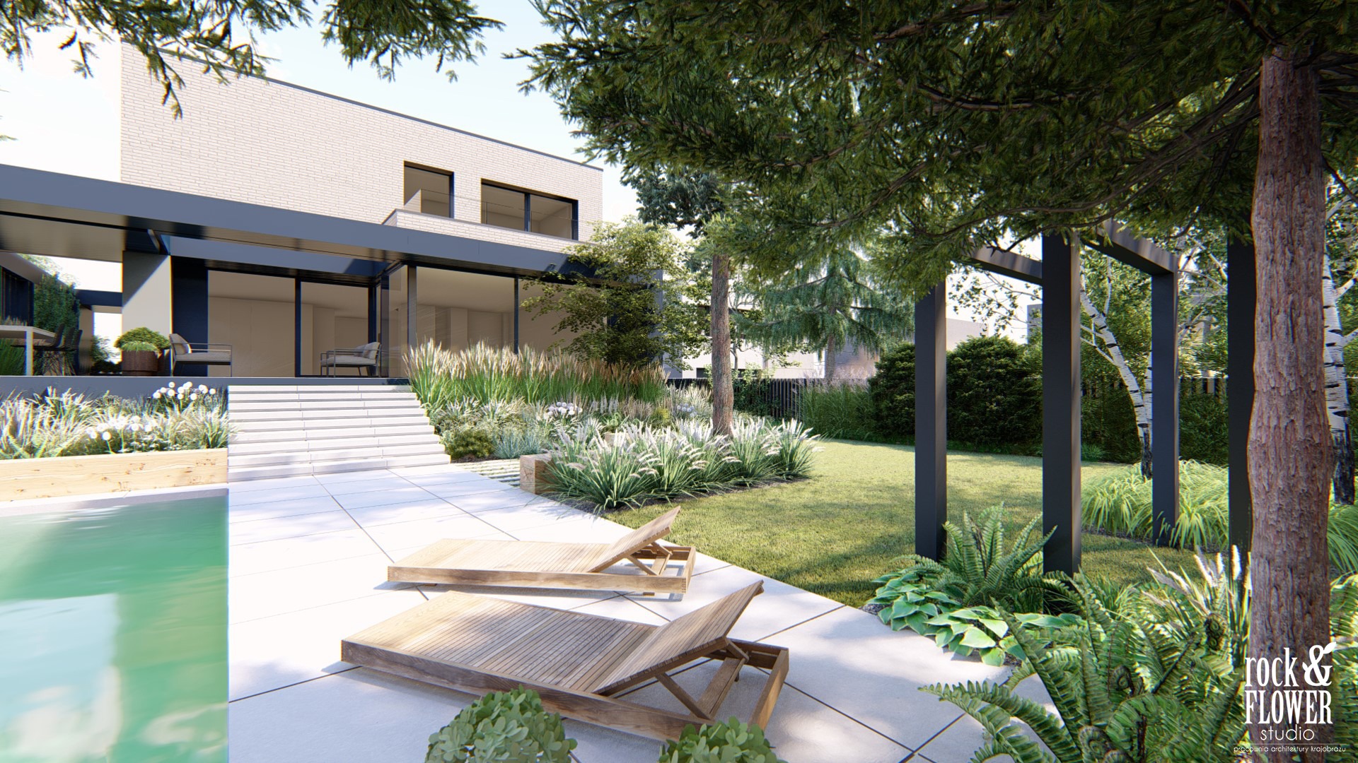 skandynawski ogród z basenem