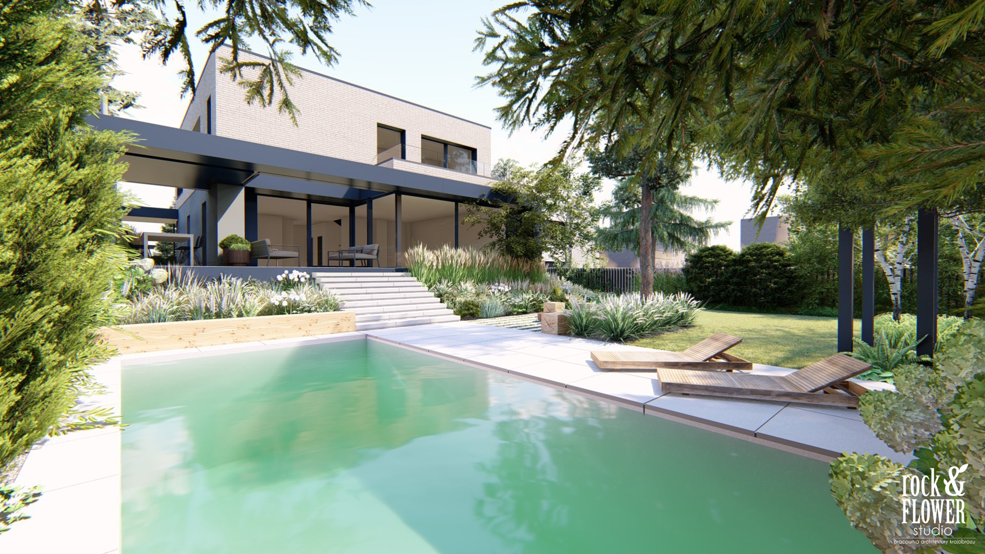 skandynawski ogród z basenem