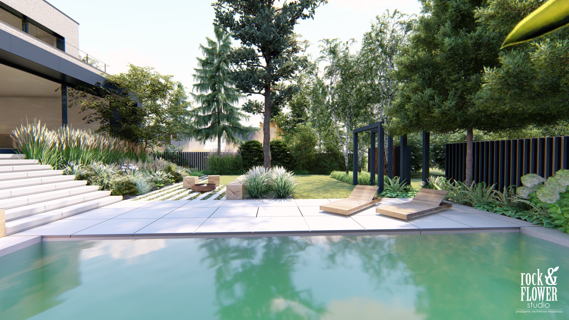 skandynawski ogród z basenem