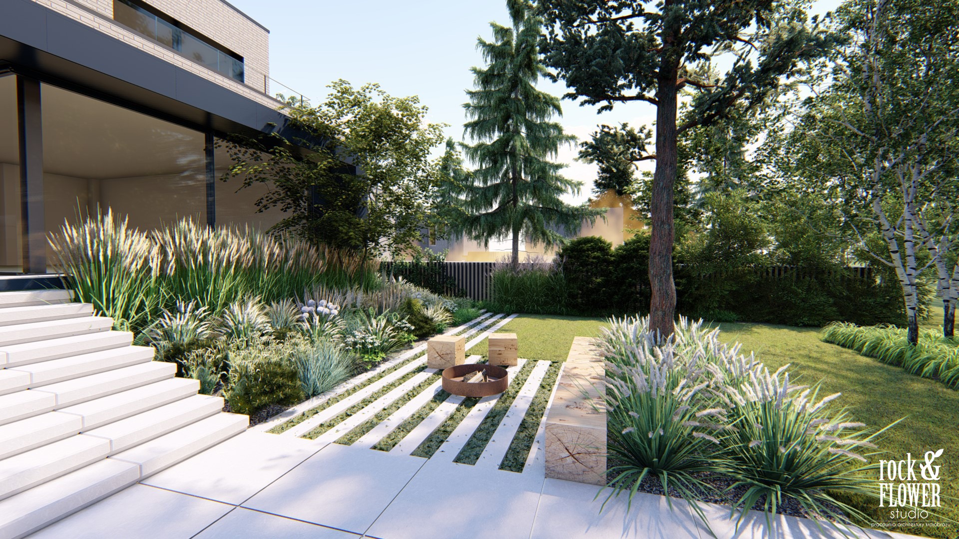 skandynawski ogród z basenem