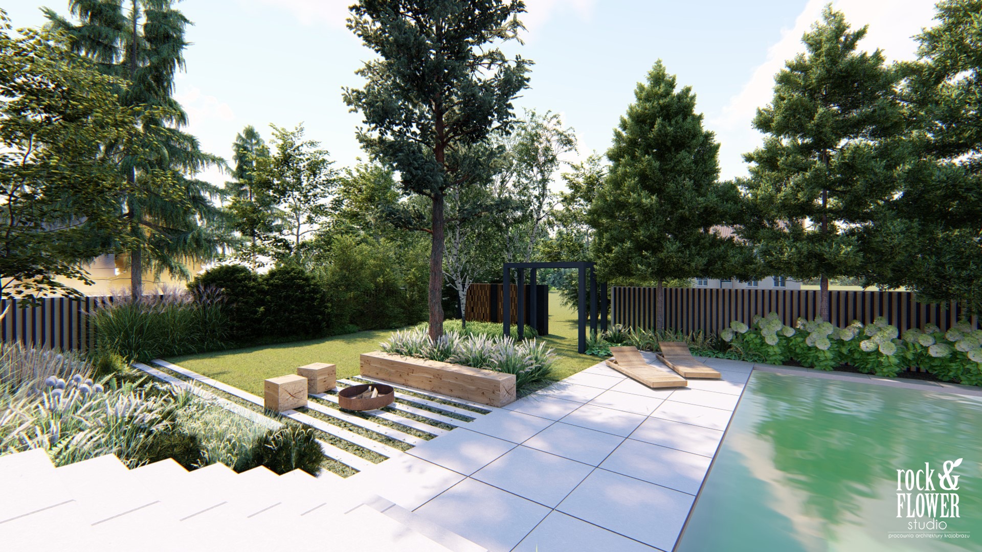 skandynawski ogród z basenem