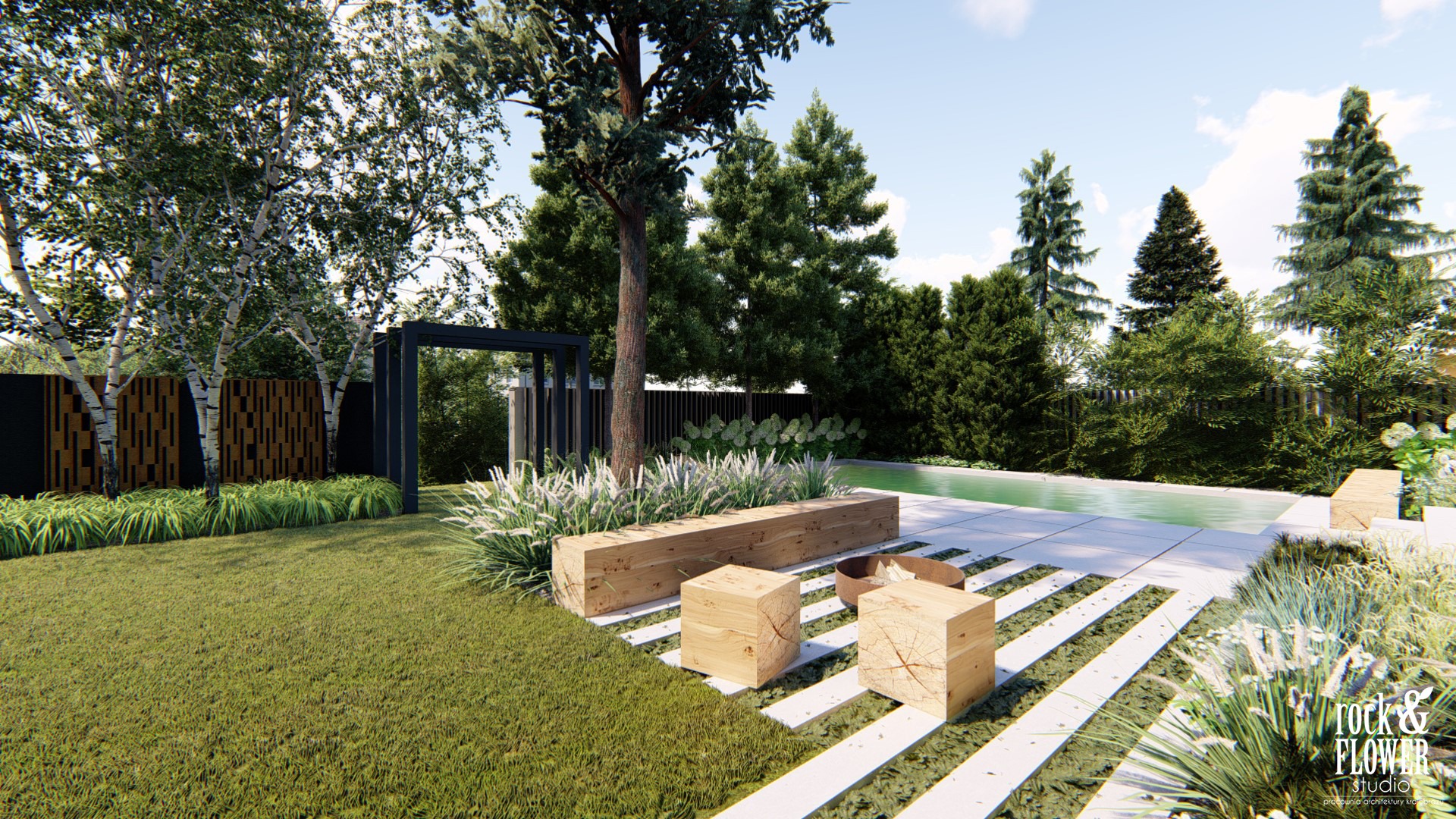 skandynawski ogród z basenem