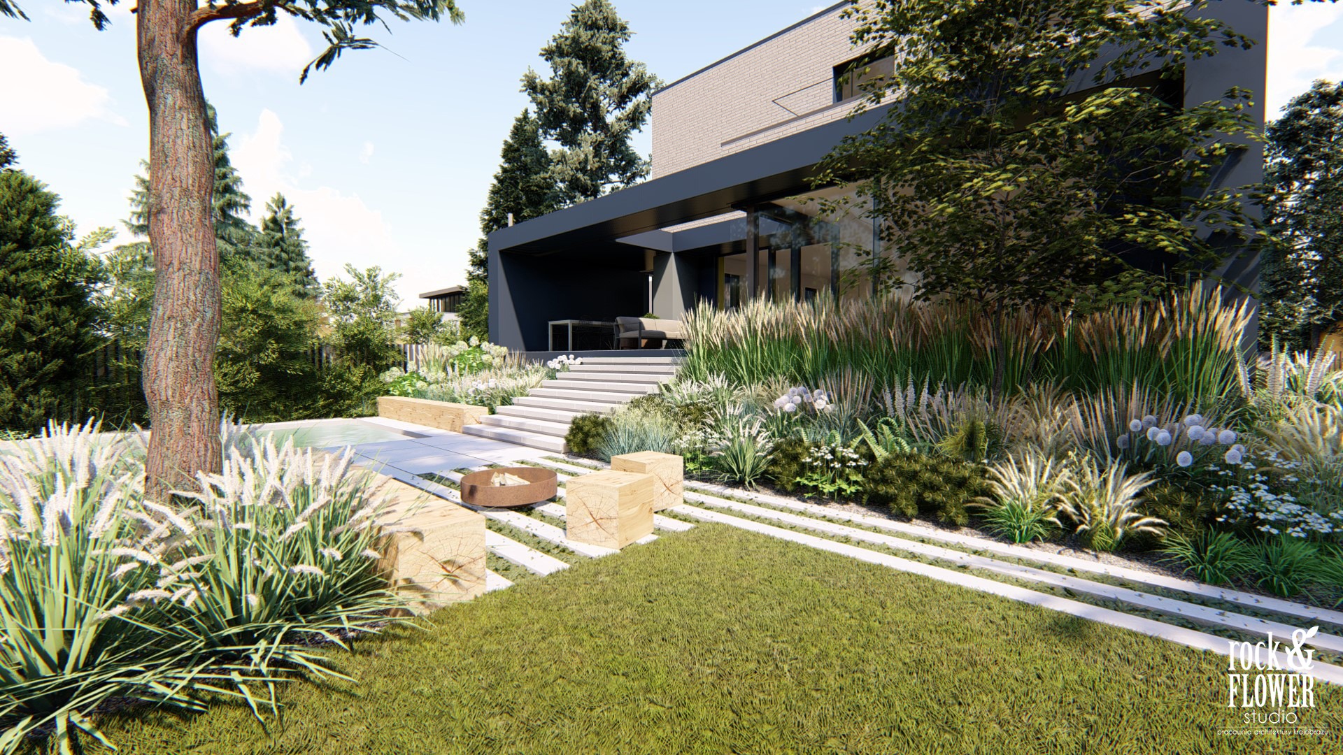 skandynawski ogród z basenem