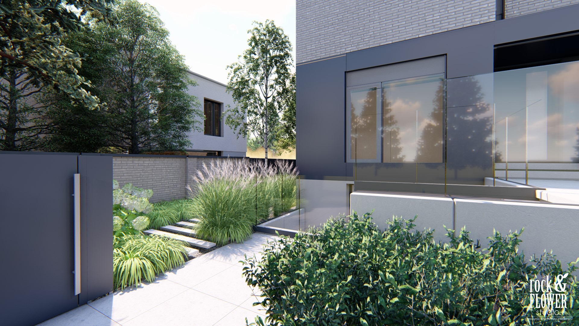 skandynawski ogród z basenem