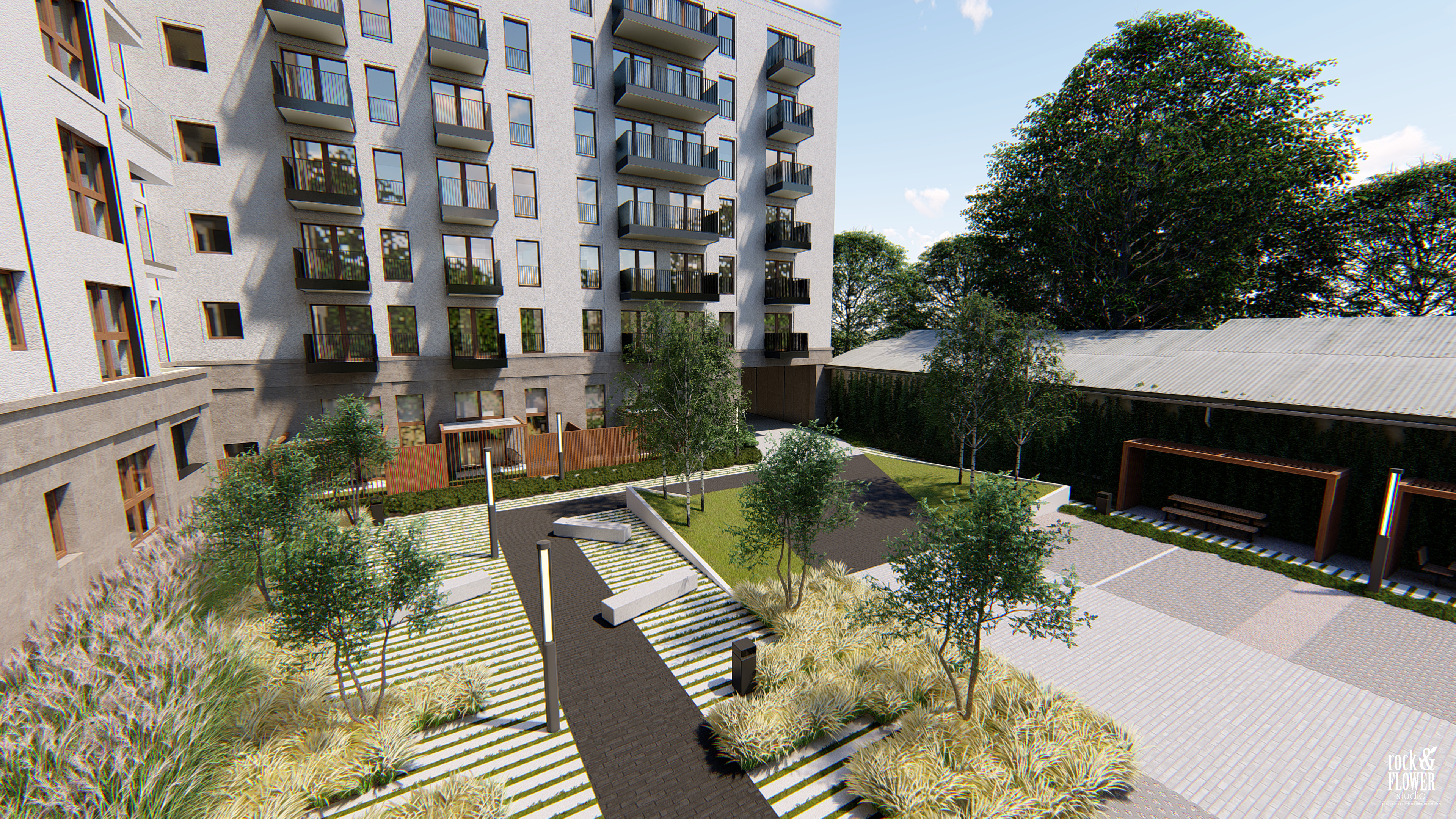 zieleń przy budynku wielorodzinnym