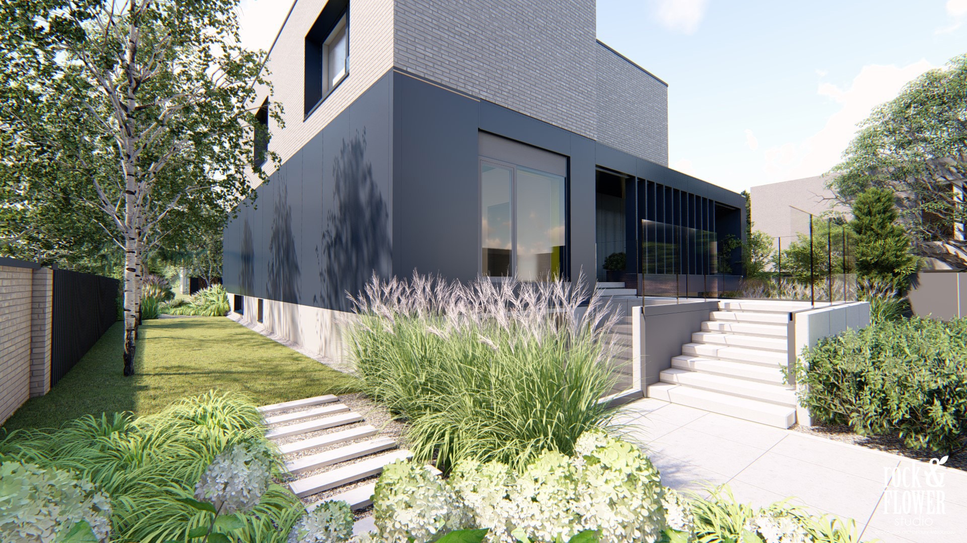 skandynawski ogród z basenem