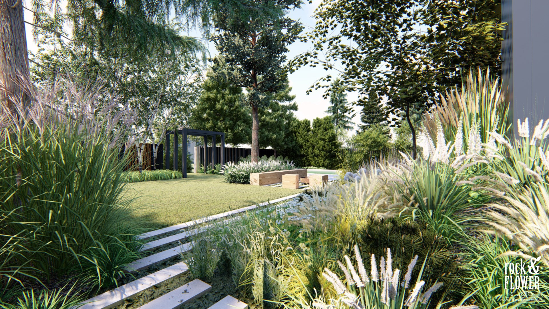 skandynawski ogród z basenem