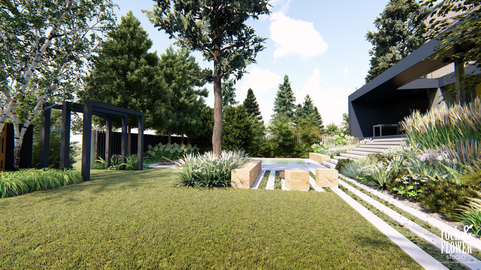 skandynawski ogród z basenem