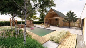 ogród przy nowoczesnej stodole