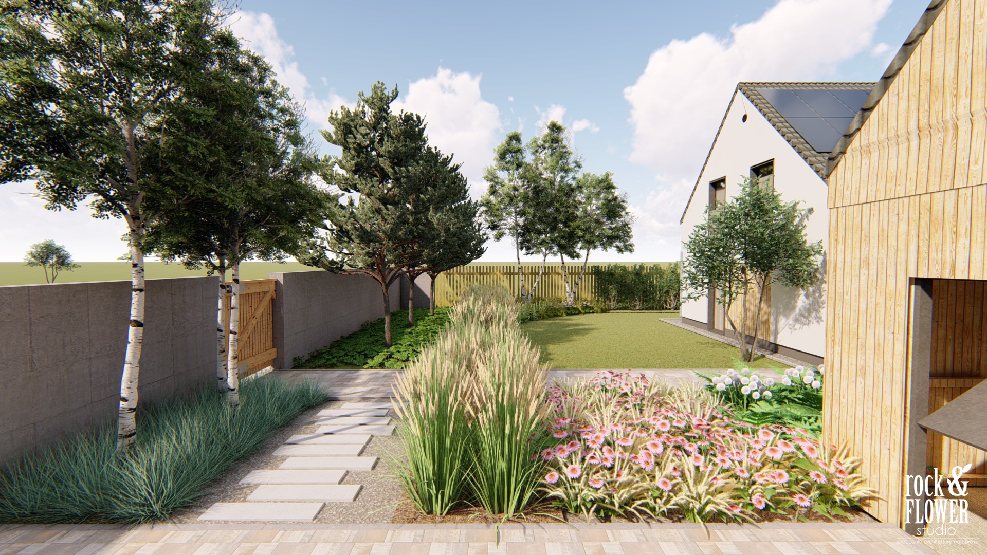 ogród przy nowoczesnej stodole