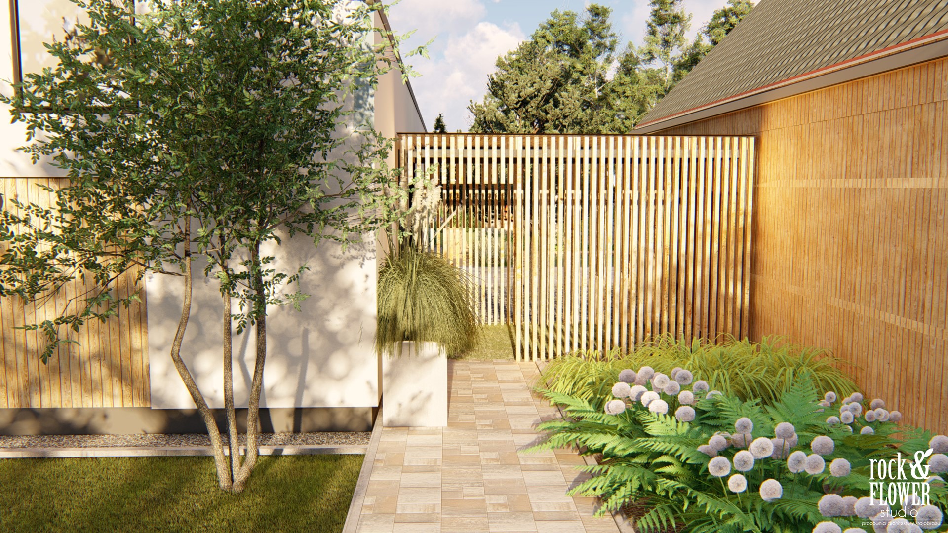 ogród przy nowoczesnej stodole