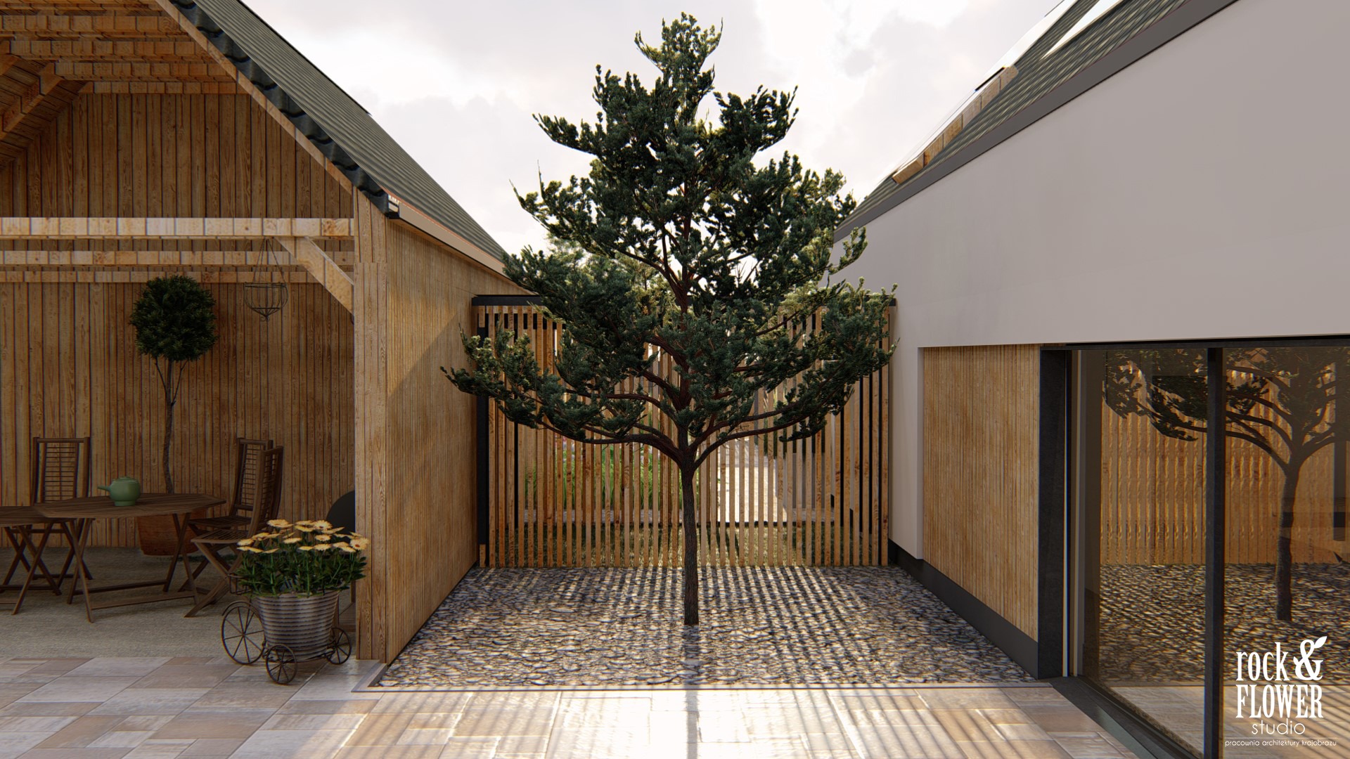 ogród przy nowoczesnej stodole