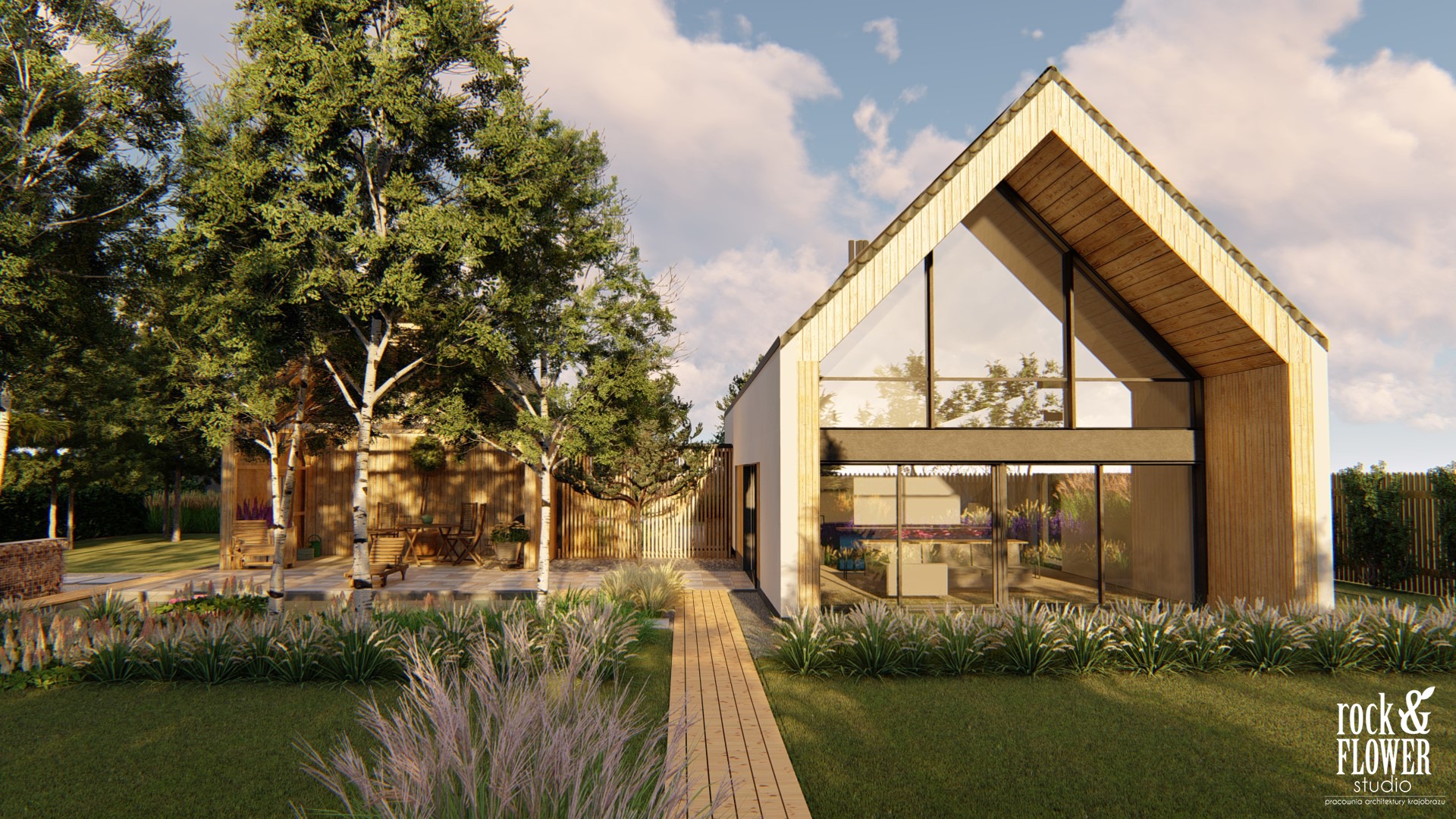 ogród przy nowoczesnej stodole