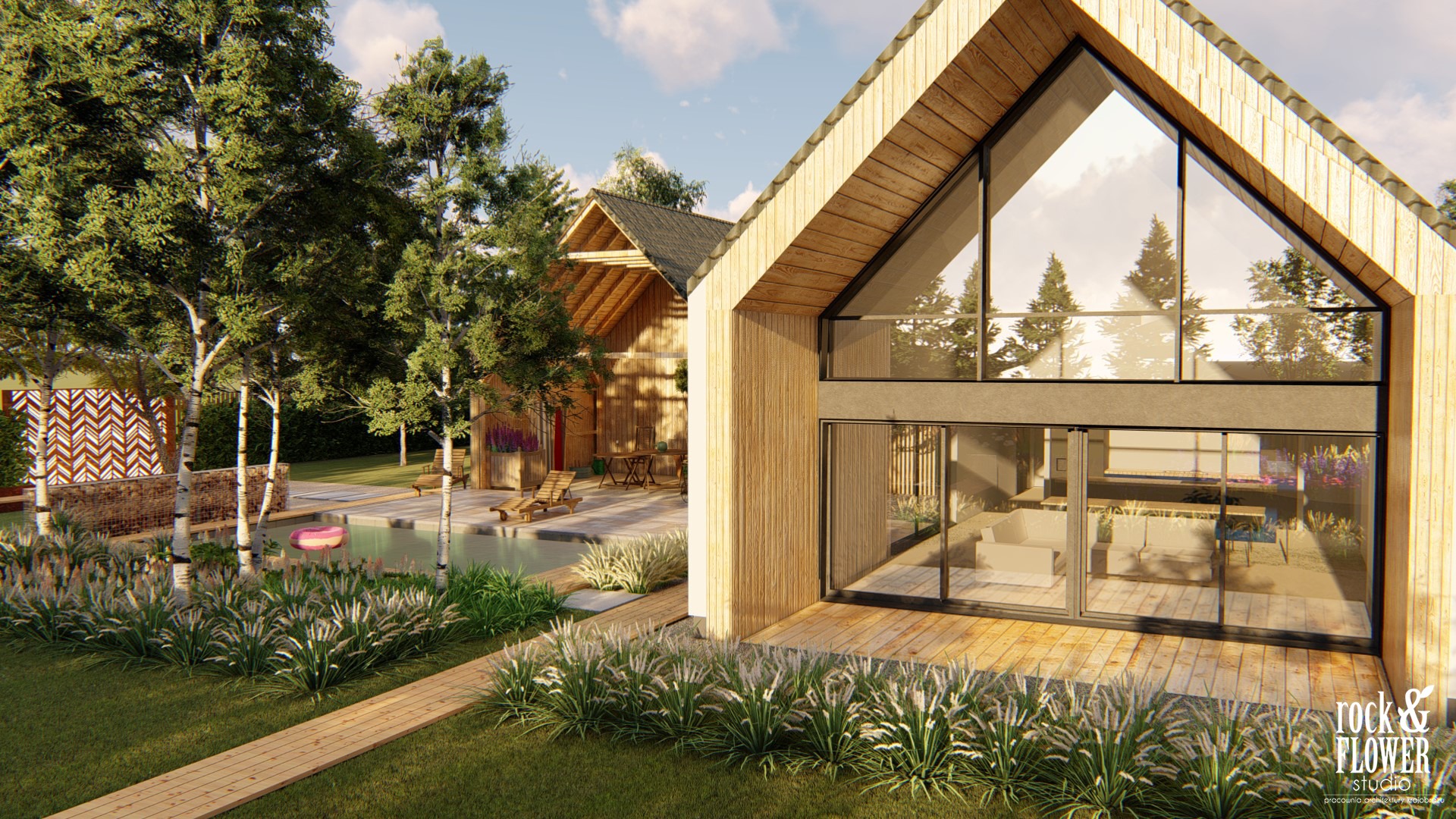 ogród przy nowoczesnej stodole