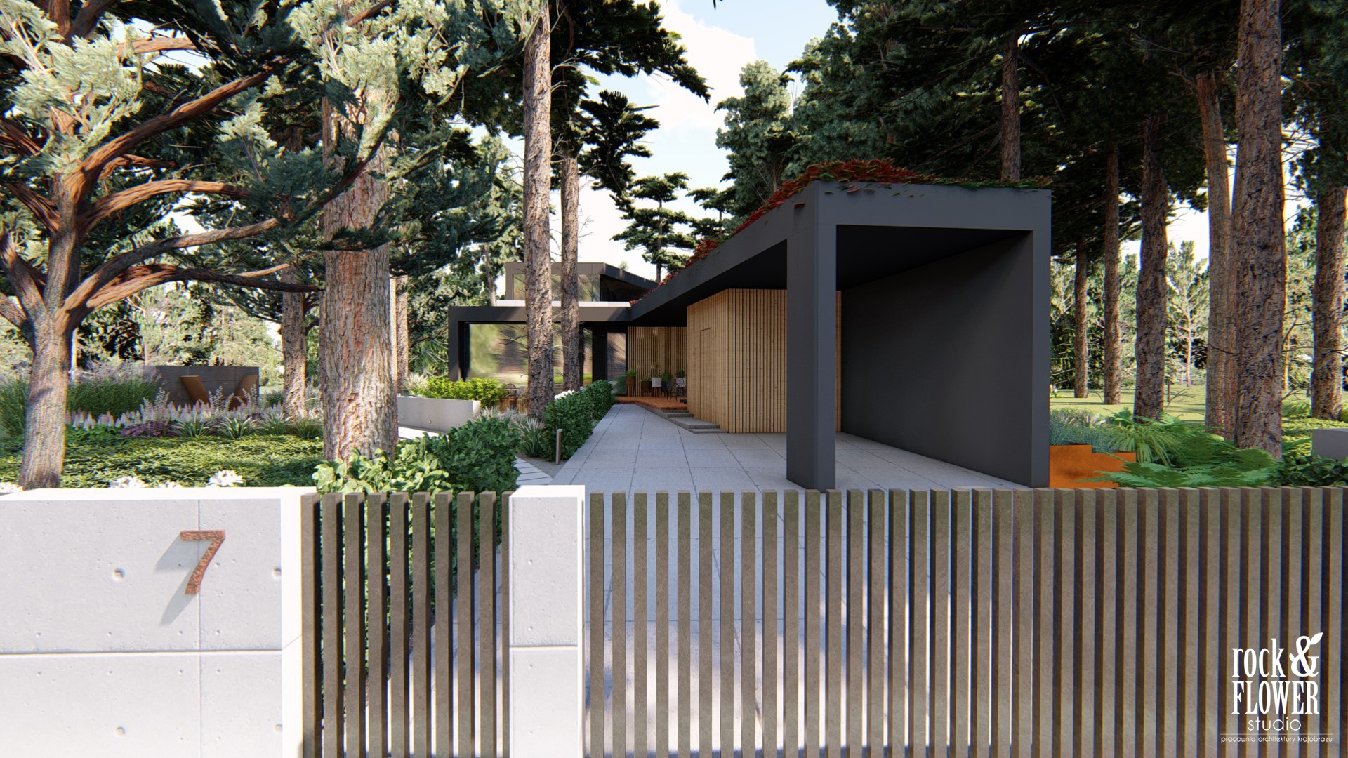 nowoczesny ogród pod lasem