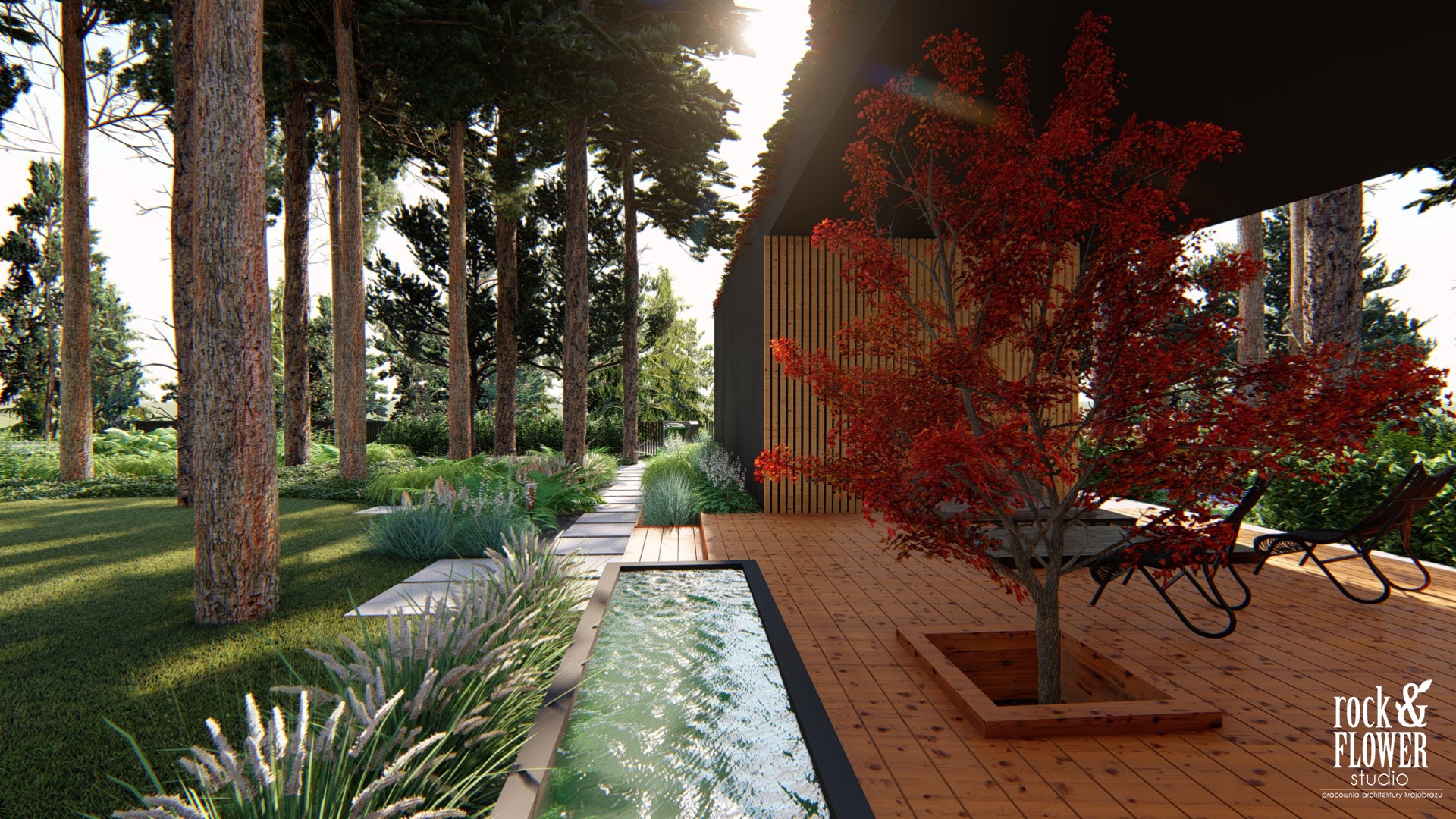 nowoczesny ogród po lasem