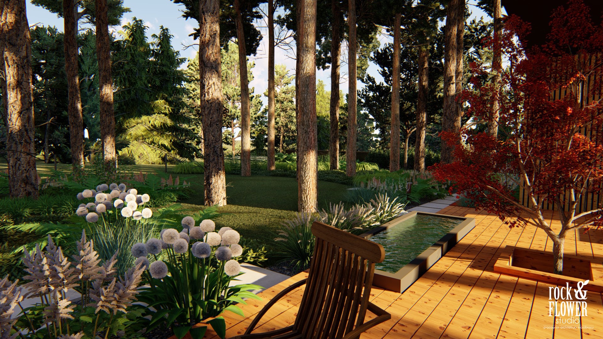 nowoczesny ogród pod lasem