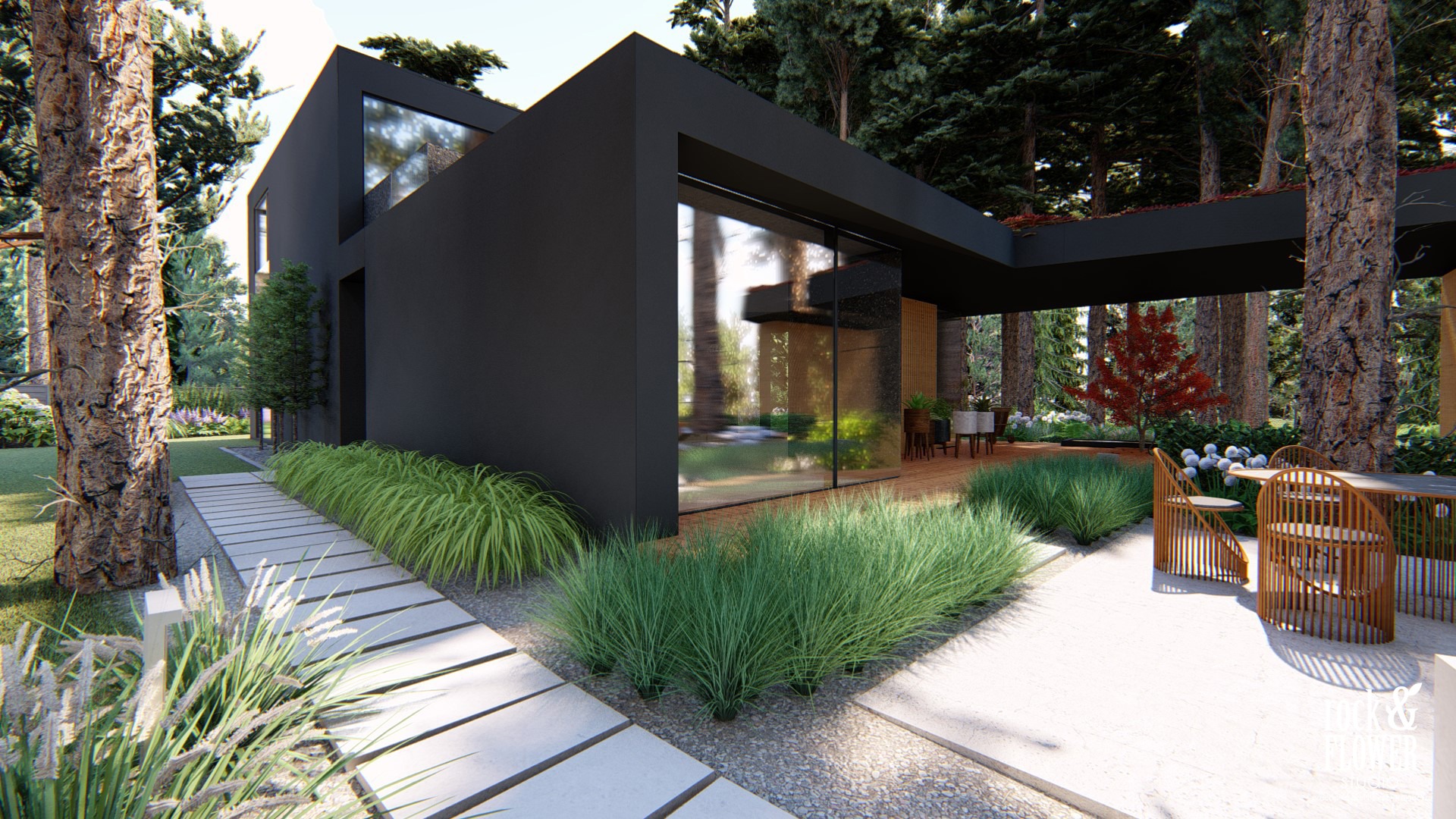 nowoczesny ogród po lasem