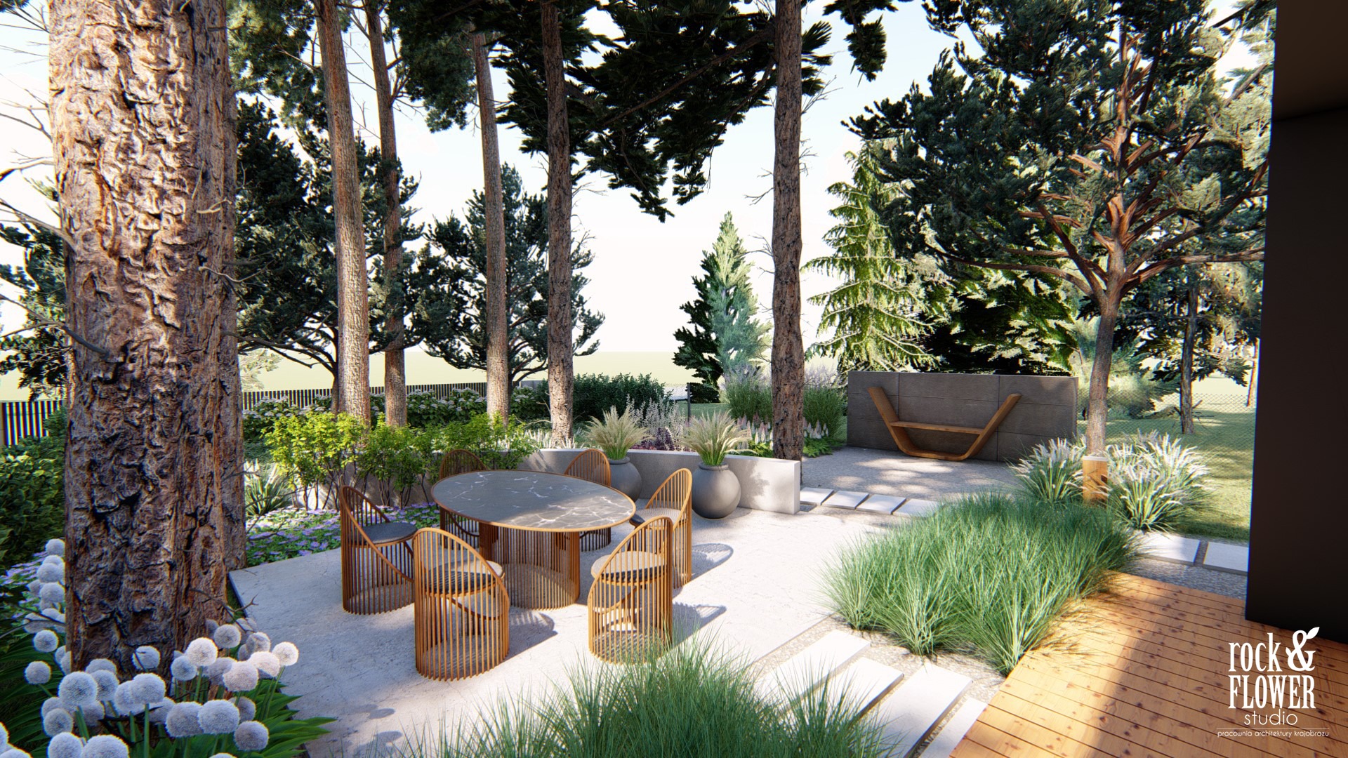 nowoczesny ogród pod lasem