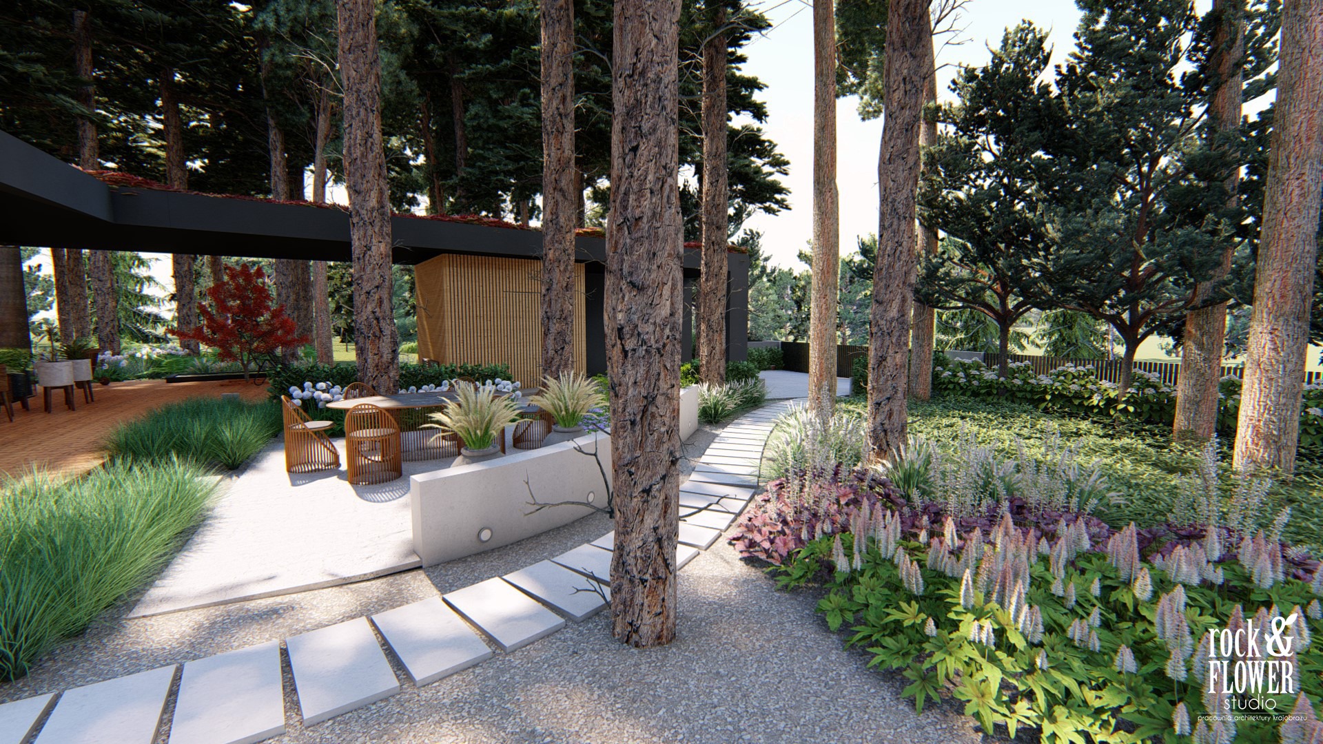 nowoczesny ogród pod lasem