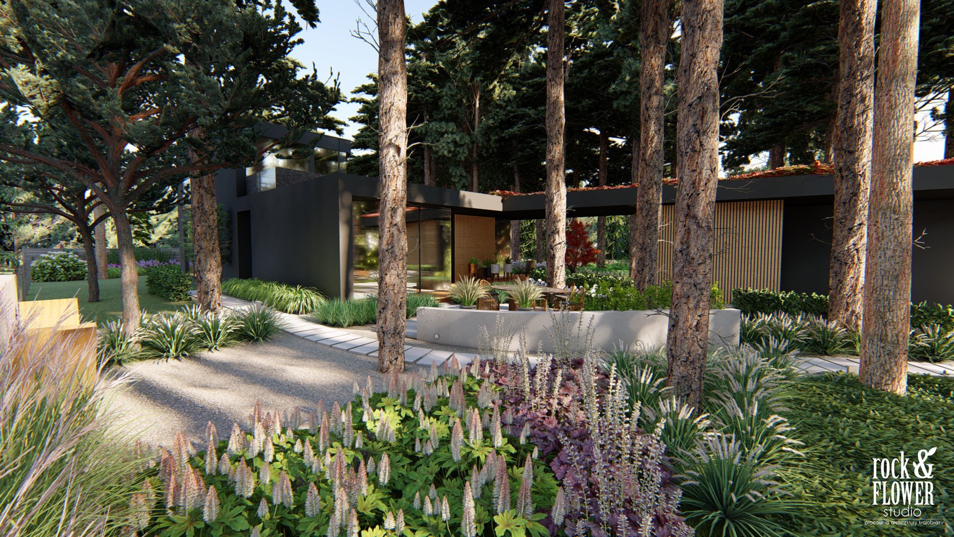 nowoczesny ogród pod lasem