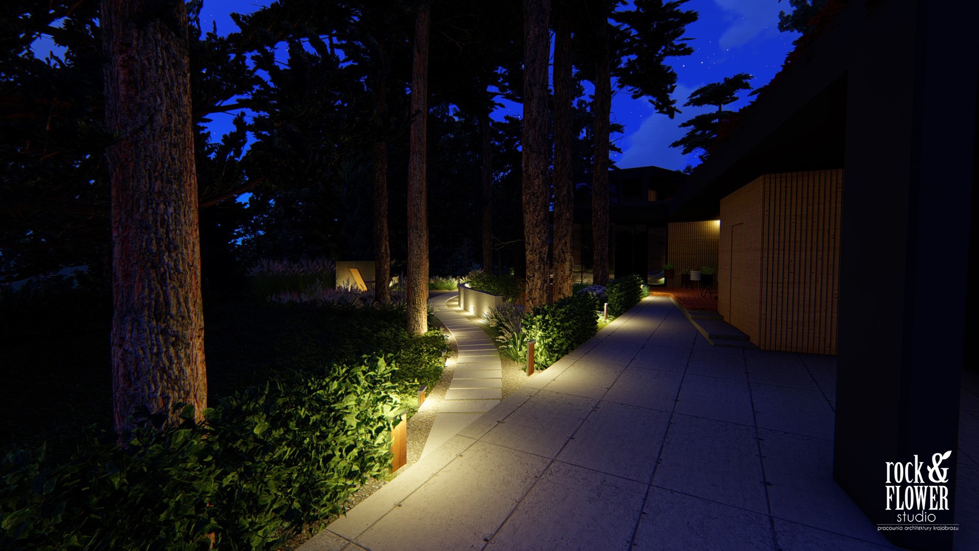 nowoczesny ogród po lasem