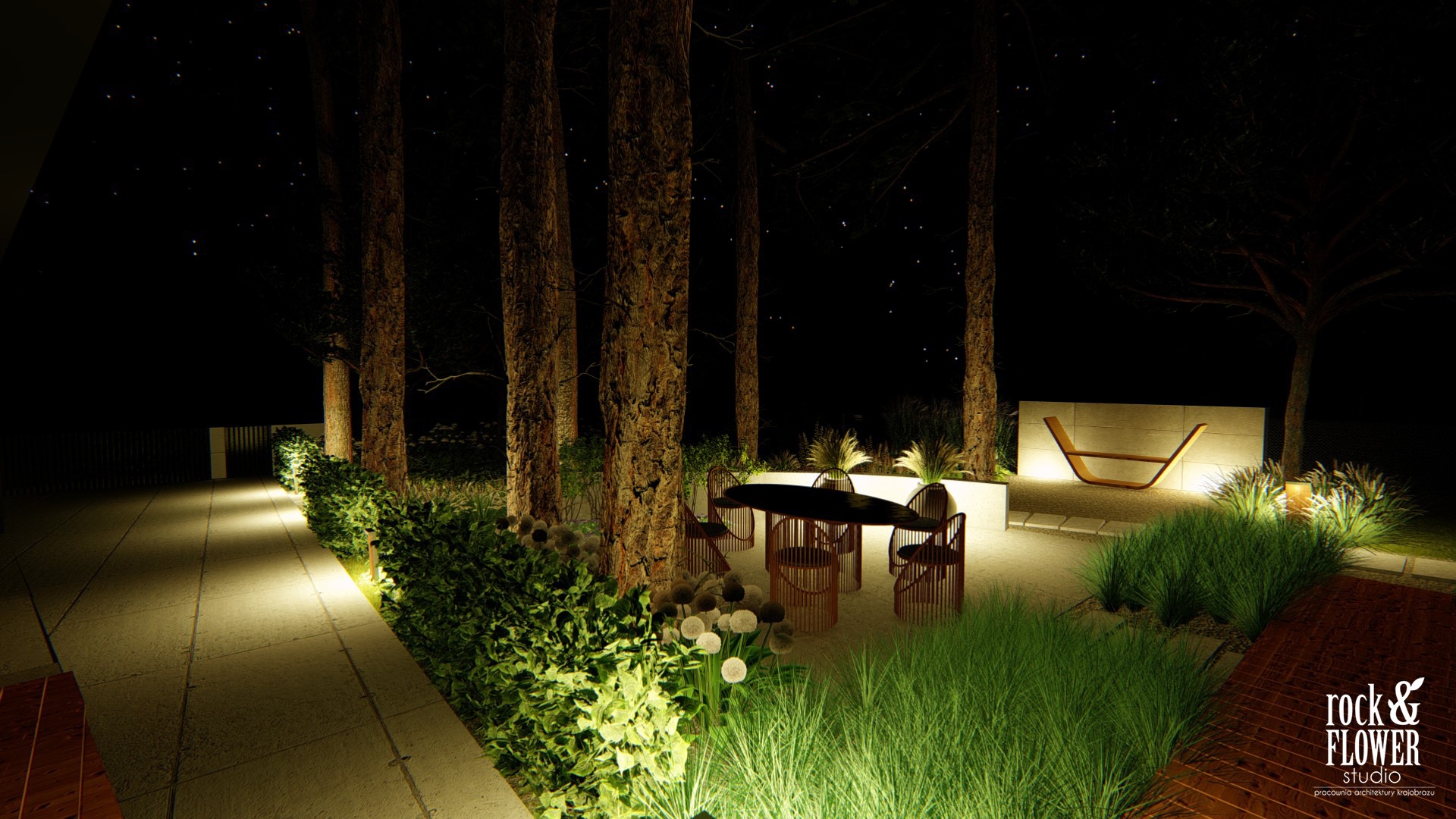 nowoczesny ogród pod lasem