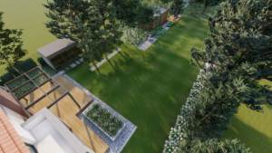 ogród z sosnowym lasem