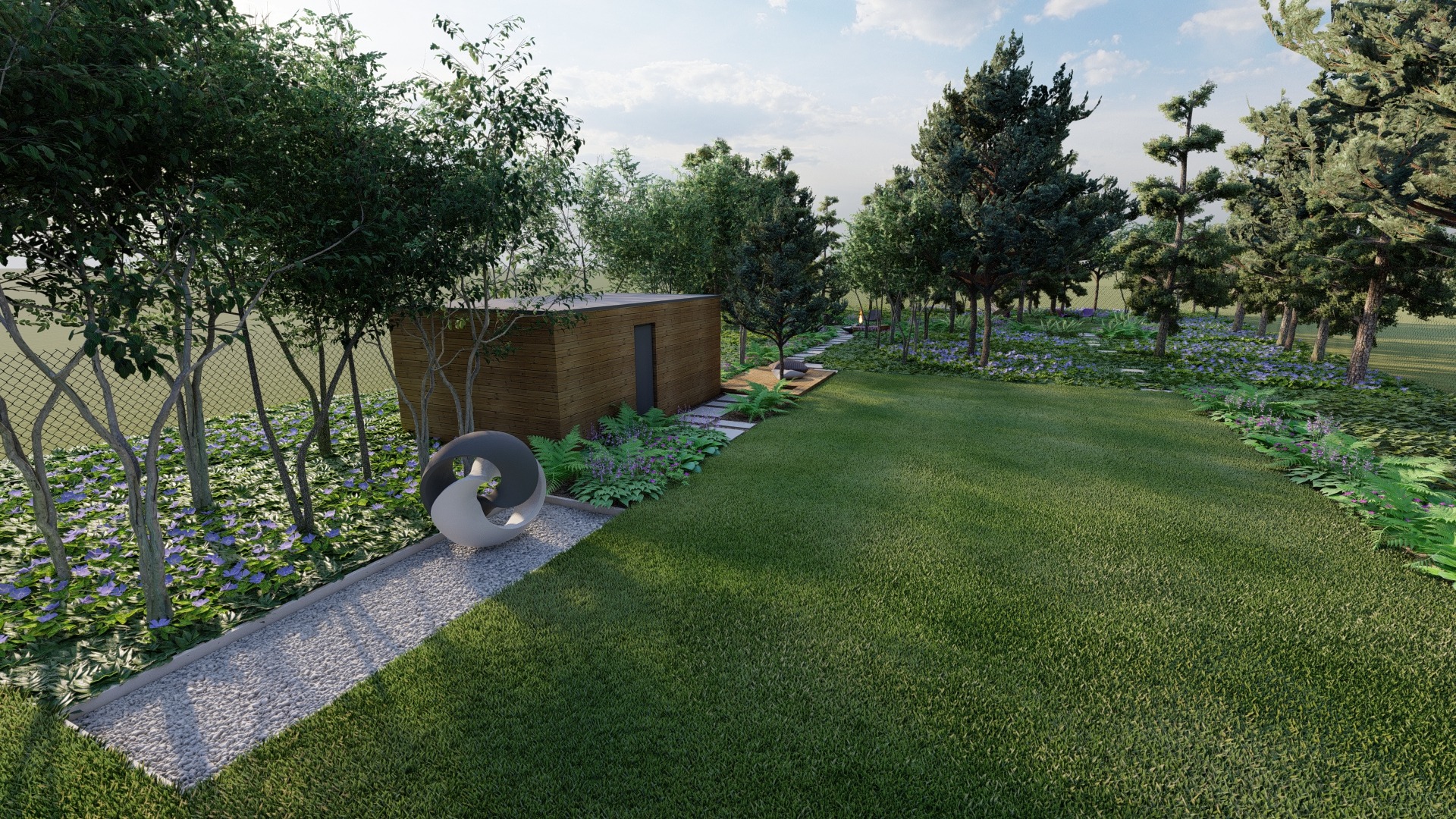 ogród z sosnowym lasem