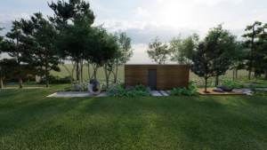 ogród z sosnowym lasem