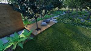 ogród z sosnowym lasem