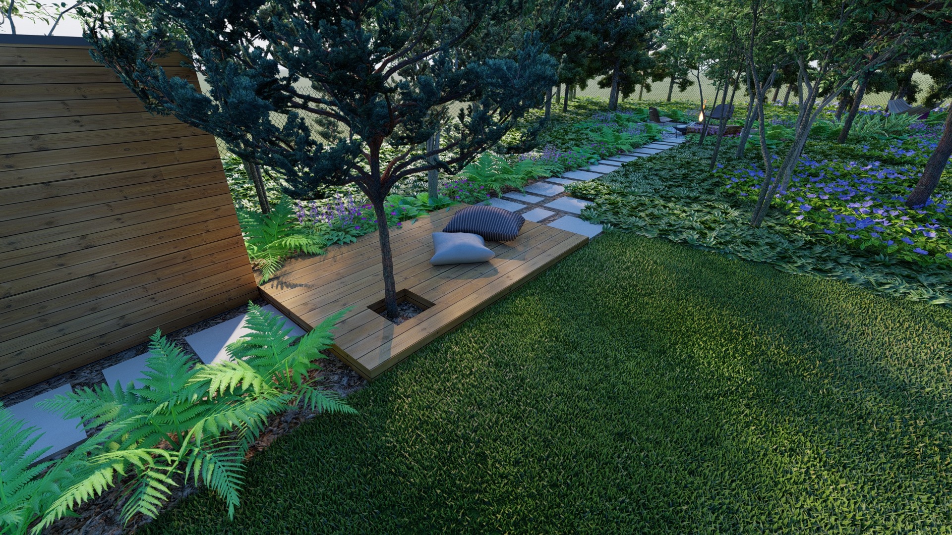 ogród z sosnowym lasem