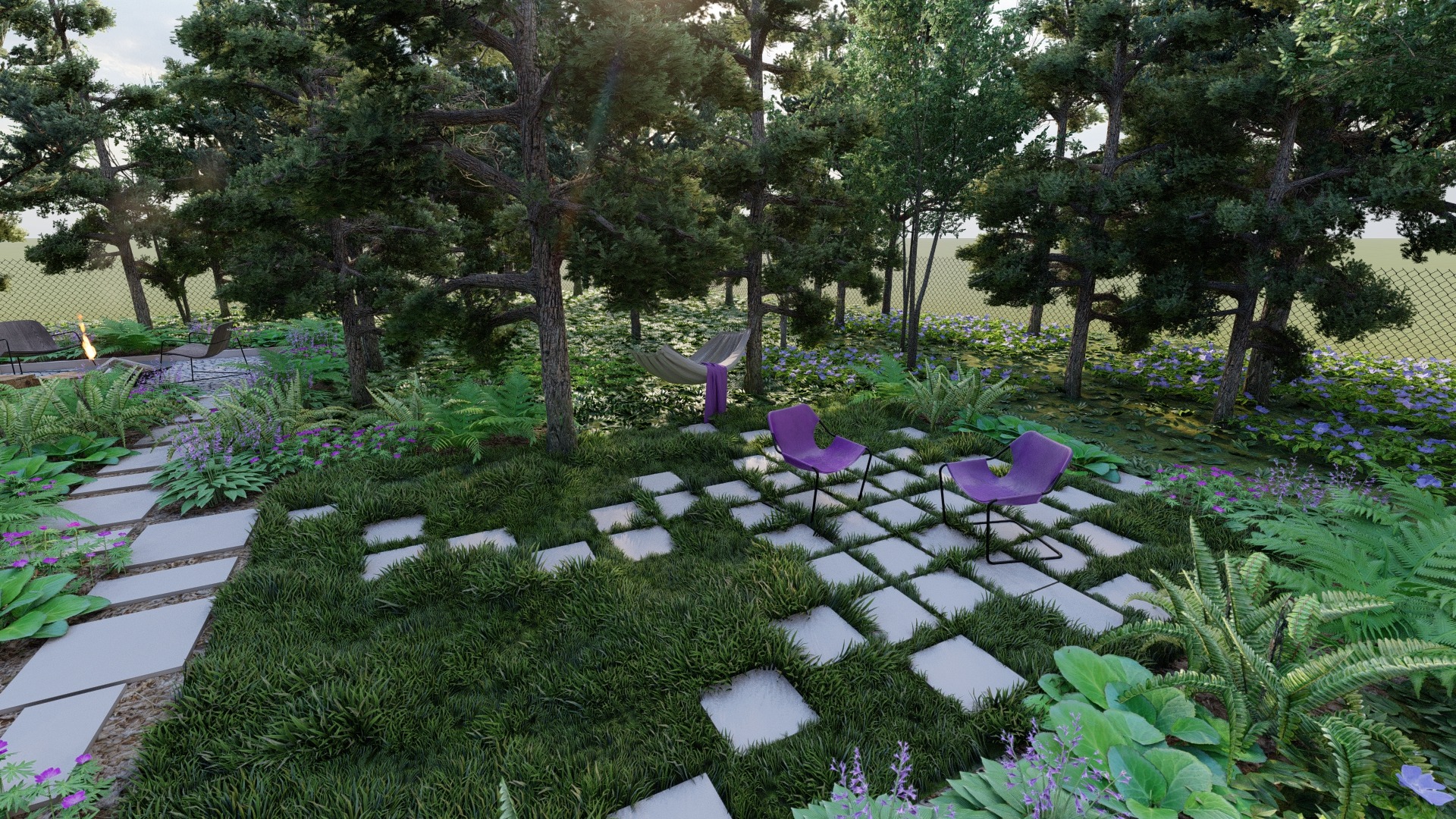 ogró z sosnowym lasem